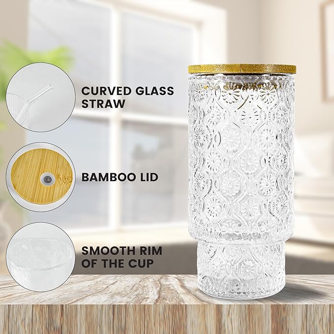 4 Pcs 11oz Drinking Glasses Cups Set with Bamboo Lids Straws Brush Small Embossed Glassware Set for Juice Iced Coffee Cocktail Whiskey(Begonia*4)
