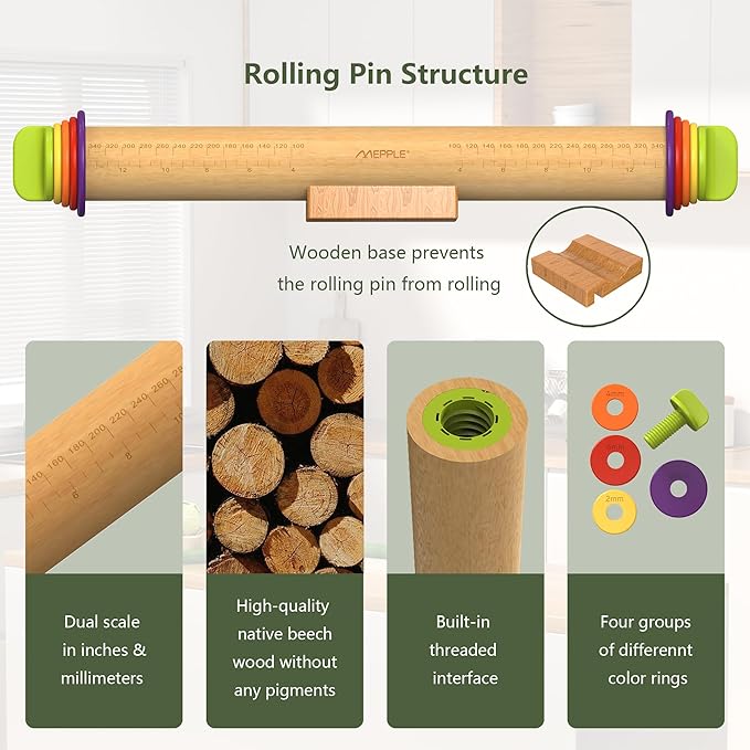 Rolling Pin with Thickness Rings for Baking,Fondant, Pizza, Pie Crust, Cookie, Pastry, Roller Rod for Dough Thickness, 13.6" Adjustable Wood Rolling Pin with 4 Thickness Rings and Wooden Stand