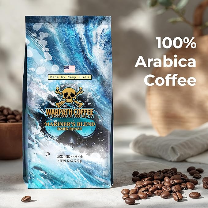 Warpath Coffee Ground Coffee Dark Roast, Mariner's Blend, High Caffeine, Extra Strong Roasted 100% Arabica Coffee Ground Beans, Rich Aroma, Full-Bodied Intense Cup, Created by Navy SEALs, 2lb