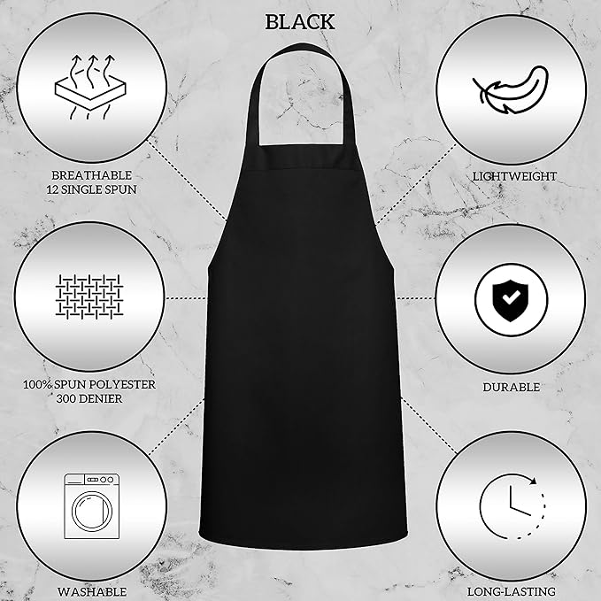GREEN LIFESTYLE 2 Pack Chef Apron with Pockets – Grilling Aprons for Men, Waterproof Cooking Apron for BBQ, Work or Restaurant Use, Kitchen Aprons for Women with Pockets – Black