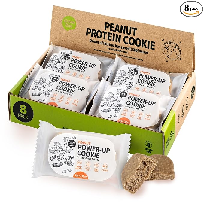 Green Bite Protein Cookies With Cricket Flour and Peanut – High Protein, Low Carb, Low Calorie, Gluten-Free Healthy Snack, Ideal for Breakfast, Post-Workout, Lunch Boxes and On-the-Go Fuel (8 pcs box)
