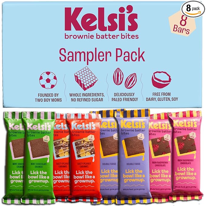 Kelsi's Brownie Batter Bites Variety Pack 8 Count, Dairy Free / Gluten Free Dessert / Soy Free Chocolate / Paleo Candy Alternative for Adults & Kids - Healthy Dessert Snack - Whole Food Ingredients, Zero Refined Sugar. 2 x Salty Peanut Caramel, 2 x Ric...