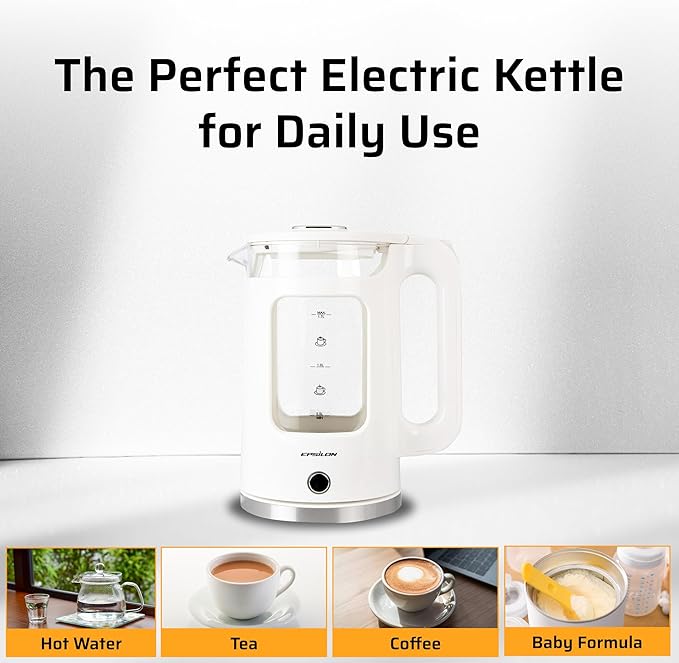 Epsilon 1.7L Glass Electric Kettle – Hot Water Tea Kettle with LED Light, Stainless Steel & Borosilicate Glass, Auto Shut-Off, BPA-Free Electric Teapot, 1500W Fast Boil, Cool Touch