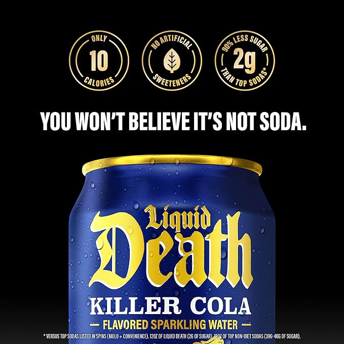 Liquid Death, Killer Cola, Soda-Flavored Sparkling Water, 12-Pack (12oz Cans), Low Sugar, Huge Flavor & No Artificial Sweeteners