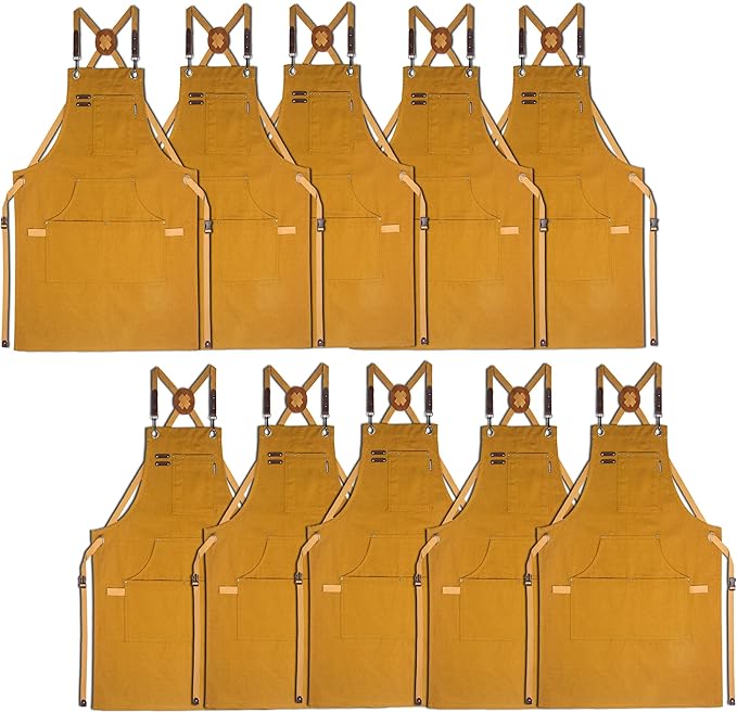 10 Pack Kitchen Aprons, Work Apron, Canvas, Multiple Pockets, Gardening, Painting, BBQ, Artist, Carpenter, Sizes M to XXL, Khaki