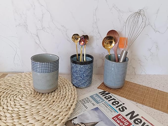 Stoneware Coffee Bar Utensil Holder Tea & Coffee Spoon & Stirrer Holder for Stir Stick Straw Teaspoon Holder Spoon Cup Small Utensil Jar (Blue Stripes)