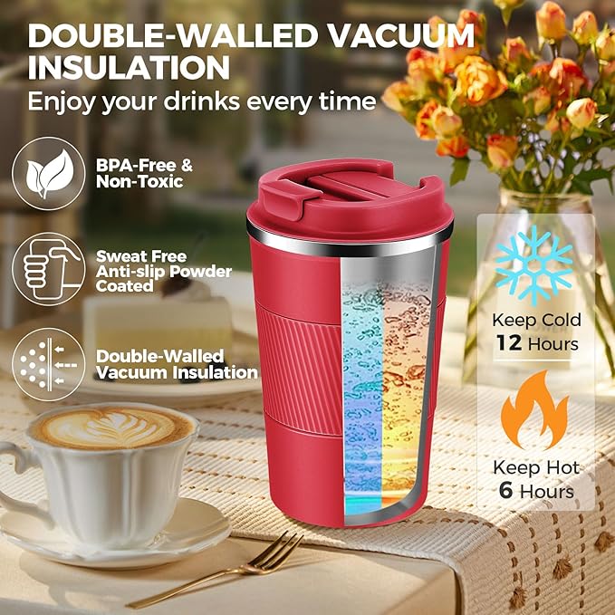 Volhoply 13 oz Stainless Steel Insulated Travel Coffee Mug with Fip Lid Bulk 2 Pack,Reusable Double Wall Vacuum Metal Coffee Cup,Portable Leak Proof Thermal Tumbler for Hot & Cold Drinks(Red,2)