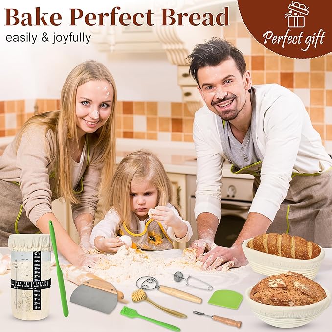 Sourdough Starter Kit, 9" Round & 10" Oval Banneton Bread Proofing Basket Set, Sourdough Starter Jar Glass, Complete Sourdough Bread Baking Supplies Making Tools Gifts for Bakers Women Mom