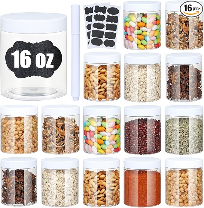 Plastic Jars with Lids, 16 oz Plastic Containers with Lids Clear Airtight Container Storage Jar Mason Jars for Dry Food Peanut Butter Honey Jam Cosmetics, Pack of 16 (16 PCS White Lids)