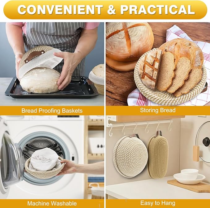 Banneton Bread Proofing Basket Set of 2, 9 10 11 inches Round & Oval Cotton Rope Sourdough Bread Baking Supplies Proofing Bowls with Liners & Covers Gifts for Bakers Women Wife Mom