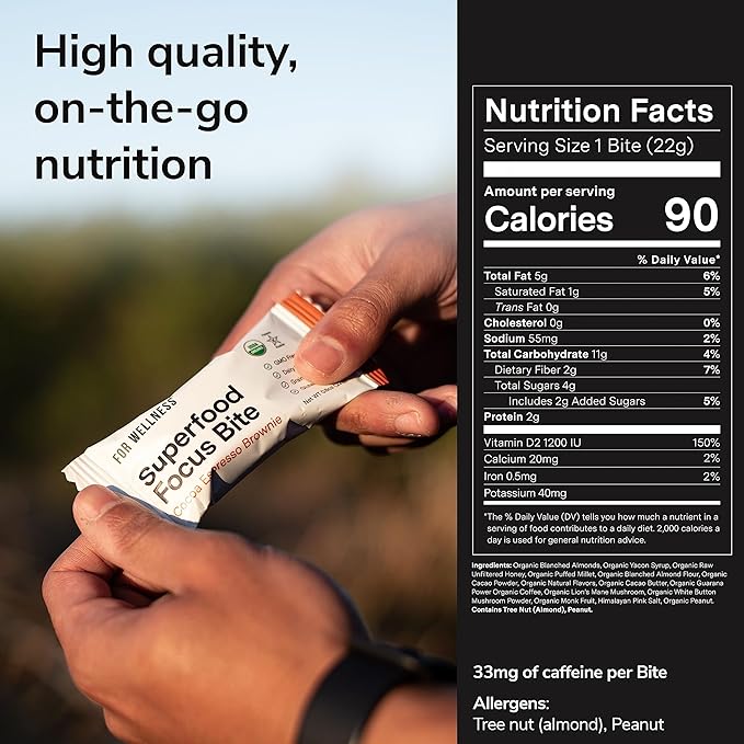 For Wellness Superfood Focus Bites (10 Count), Cocoa Espresso Brownie – Reduces Fatigue, Improves Digestion & Support Brain Function