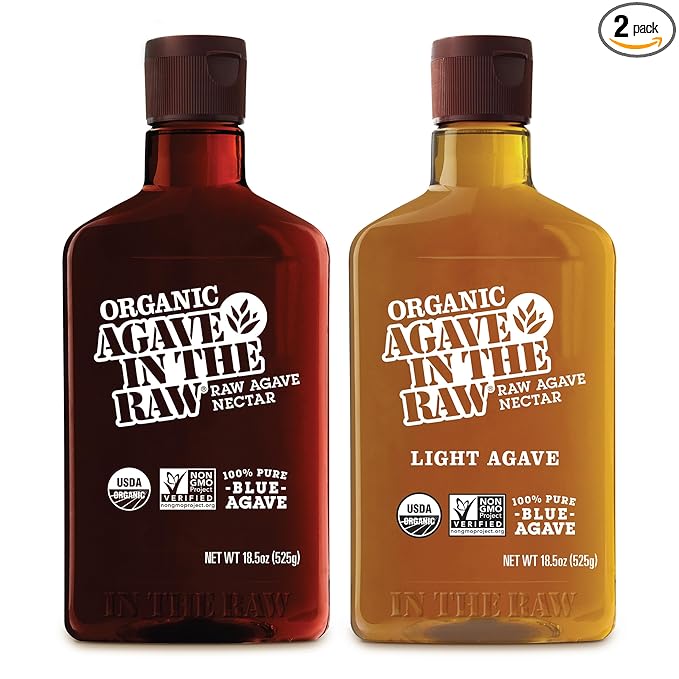 In the Raw Organic Blue Agave Syrup Bundle – Amber + Light Agave Nectar, Low-Glycemic Sweetener, Maple Syrup and Honey Alternatives, 18.5 Oz Ea