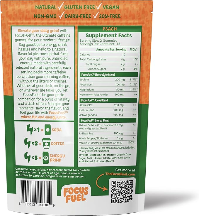 FocusFuel Energy Chews – Peach Flavor (15 Servings) – 100mg Caffeine + Alpha GPC+ L-Theanine + B12, Magnesium – Smooth Focus & Energy – No Crash or Jitters