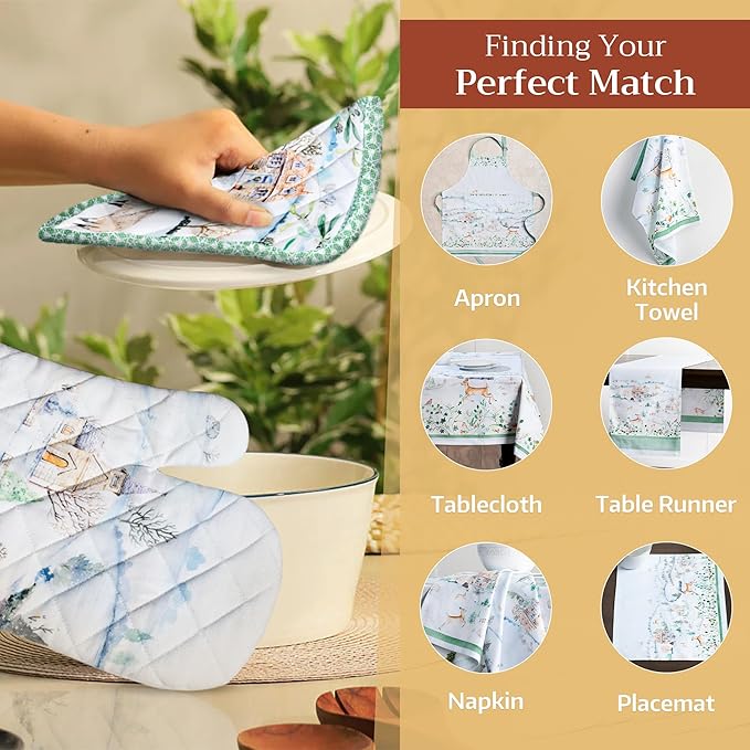 Maison d' Hermine 100% Cotton Oven Mitt & Pot Holder Set (7.5"x13" & 8"x8") Heat Resistant BBQ Cooking Gloves with Loop, Baking, Grilling, Kitchen, Handling Hot Pans (Snowy World)