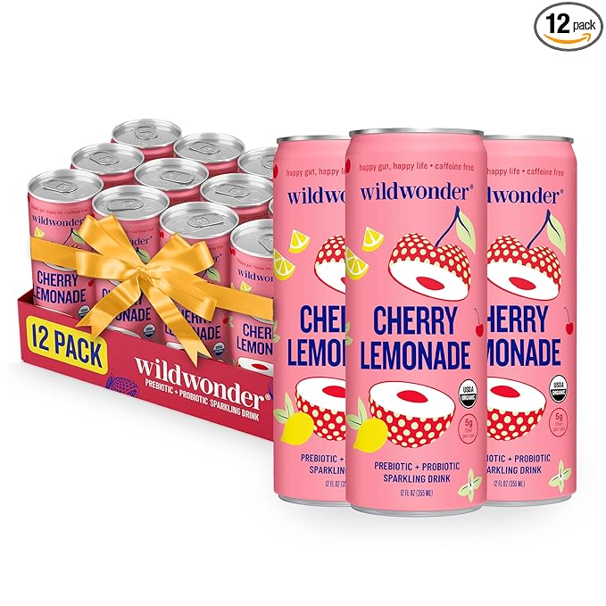 NEW! wildwonder Sparkling Probiotic Drink 12pk, For Gut Health & Immune Support, Cherry Lemonade, 5g Prebiotic Fiber, Live Probiotics, Organic, Vegan, Low Sugar, 12 Pack, 12oz Can, Seen on Shark Tank