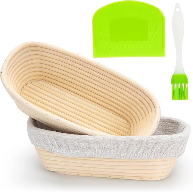 Banneton Bread Proofing Basket 9.6 * 6 Inch Sourdough Baking Rising Banaton Proofer Box Warmer Baskets Oval Round Bowl Cover Bowls Making Small Bulk Set of 2 Kit Supplies Tools Rattan for Bakers Gifts