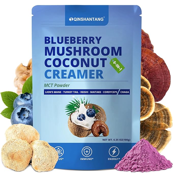 Mushroom Coffee Creamer, Blueberry Flavored, Probiotics, MCT Powder and 6 Mushrooms | Lion's Mane, Turkey Tail, Reishi, Maitake, Chaga, Cordyceps | Boosts Energy, Focus, Supports Immunity | Gluten-Free, Vegan, 6.35 Oz