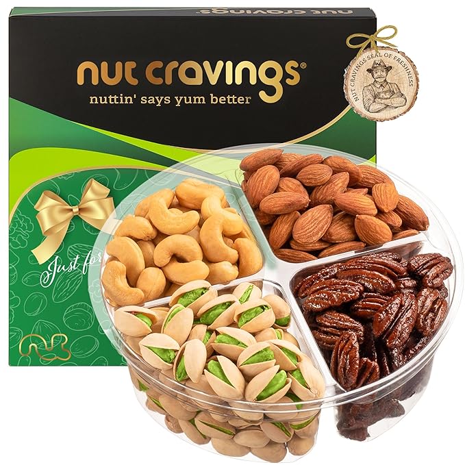 NUT CRAVINGS - Thanksgiving Mixed Nuts Gift Basket in Green Gold Box (4 Assortments) Holiday Xmas Christmas Food Arrangement, Healthy Snack Care Package, Food Assortments