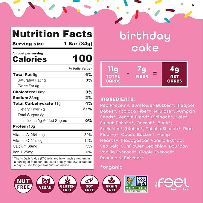 Feel Bar Minis – Kids Protein Bars | Birthday Cake | 10g Plant Protein | 100 Calories | No Added Sugar | + Daily Veggies | Gluten Free, No Nuts, No Soy, No Dairy, No Grains (12 Pack)