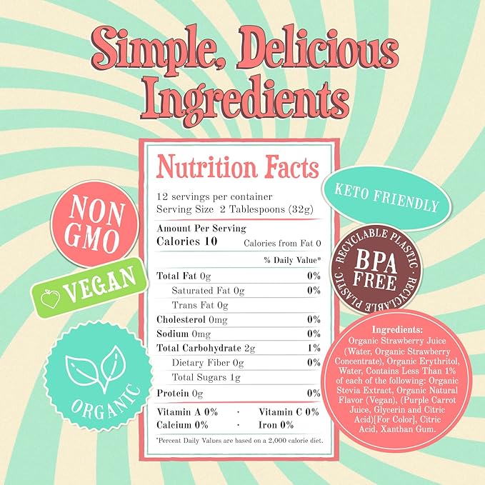 Wäbry Organic Strawberry Syrup No Added Sugar – 13.8oz (390g), Sweetened with Stevia & Erythritol, Natural Fruit Syrups for Drinks, Pancakes, Shaved Ice, Ice cream, Non-GMO, Dye-Free Snow Cone Syrup
