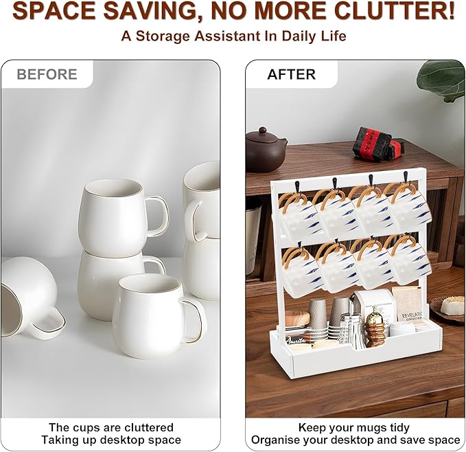 MinBoo Coffee Mug Cup Stand Bamboo Counter Top with 16 Hooks 2 Tier Coffee Mugs Tree with Coffee Pod Drawer Countertop Mug Rack Shelf Organizer Stand for Home Coffee Bar Kitchen Storage Display White
