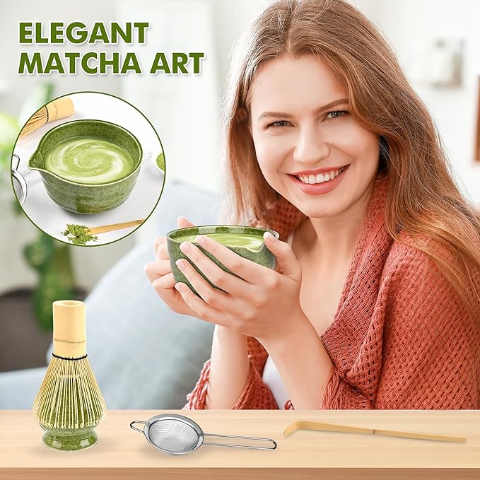 Matcha Whisk Set-Japanese Matcha Tea Kit includes Matcha Bowl with Spout,Matcha Whisk,Holder,Scoop,Sifter,Matcha Set for Making Matcha Latte,Tea Ceremony,Gifts for Family for Christmas Birthday
