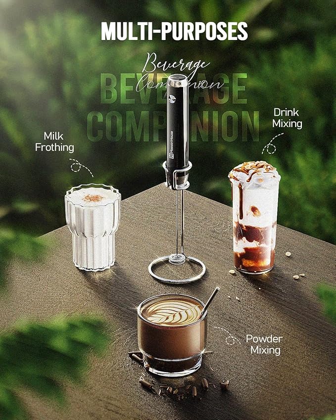 Maestri House Rechargeable Milk Frother with Stand, LunaFro Handheld Electric Foam Maker Waterproof Detachable Stainless Steel Whisk Drink Mixer Foamer for Lattes, Cappuccino