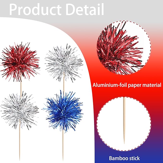 30 PCS Foil Firework Cupcake Toppers Sparkle Tinsel Cupcakae Picks 4th of July Decorations Cocktail Fruit Toothpick for Fireworks Theme Birthday Wedding Graduation Party Decor Supplies Blue Red Silver