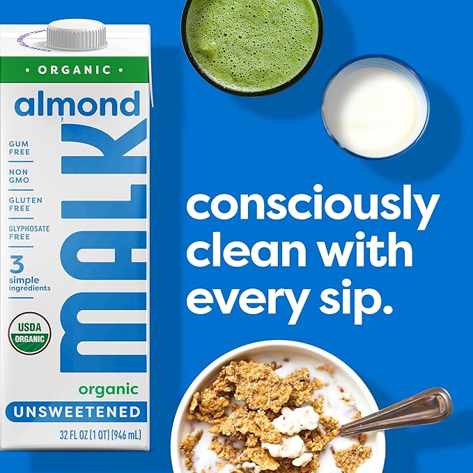 MALK Almond Milk Unsweetened (32oz, Pack of 6) - Shelf Stable Organic Almond Milk, Non GMO, Whole 30, Dairy Free, Vegan, Plant Based, No Gums or Fillers - Malk for Smoothies, Cereal, Coffee,Creamer