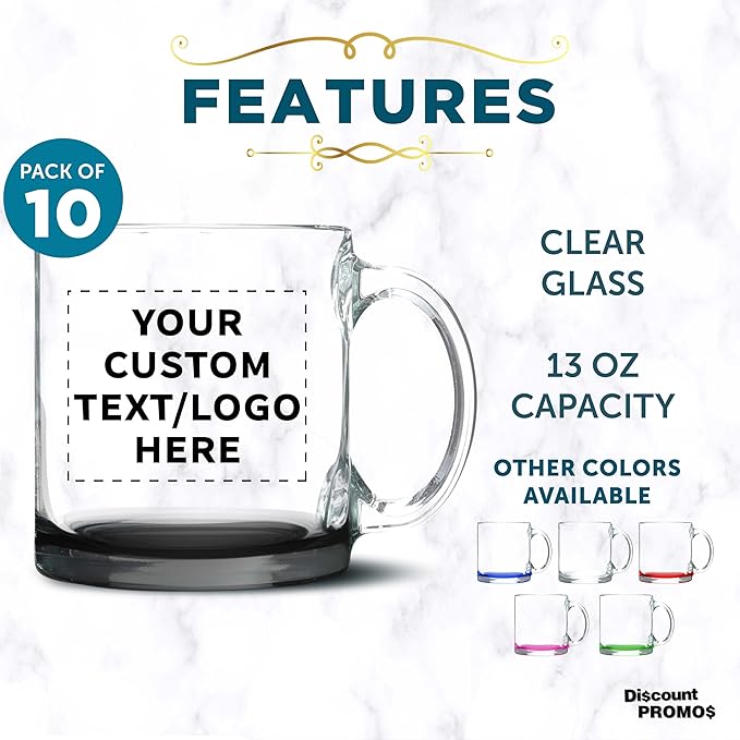 Custom Libbey Clear Glass Coffee Mugs 13 oz. Set of 10, Personalized Bulk Pack - Perfect for Coffee, Tea, Espresso, Hot Cocoa, Other Beverages - Black Bottom
