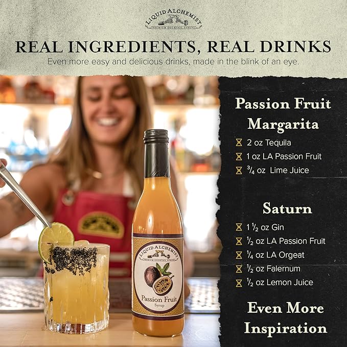 Liquid Alchemist Passion Fruit Syrup for Cocktails - Real Ingredients Make our Mix for Cocktails the Perfect Margarita Mix - Our Non-GMO Passion Fruit Syrup for Drinks is Vegan (12 oz)
