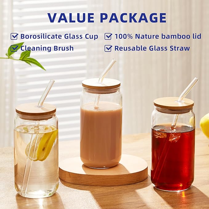 6pcs Set-16oz, Glass Cups with Bamboo Lids and Glass Straw - Beer Can Shaped,CuteTumbler Cup,Soda,deal for Cocktail,Iced Coffee Cups,6 Cleaning Brushes glass cups with lids and straws