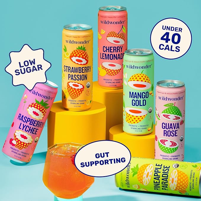 wildwonder Sparkling Probiotic Drink 12pk, For Gut Health & Immune Support, Strawberry Passion, 5g Prebiotic Fiber, Live Probiotics, Organic, Vegan, Low Sugar, 12 Pack, 12oz Can, As Seen on Shark Tank