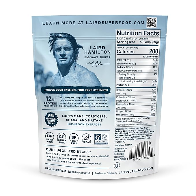 Laird Superfood Non-Dairy Protein Creamer, Sweet & Creamy + Adaptogens, Superfood Creamer with Functional Mushrooms, 12g Protein Per Serving, 8oz Bag