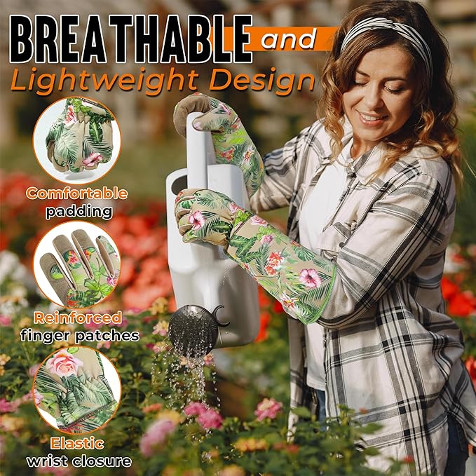 HANDLANDY Leather Gardening Gloves for Women, Scratch Resistant Breathable Ladies Rose Pruning Garden Gauntlet Yard Gloves, Gift for Gardeners (Khaki, XL)