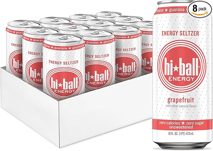 Hiball Energy Sparkling Water Zero Sugar and Zero Calorie Drink, Grapefruit, 16 Fl Oz ( 8 Count)