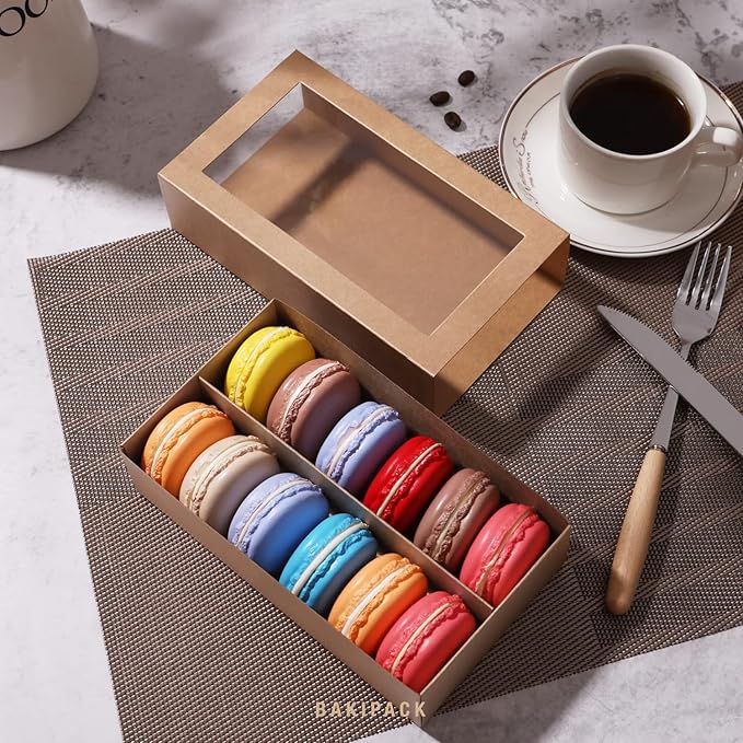 BAKIPACK 15 Macaron Boxes, Macaron Gift Box for 12 (Interior Measurement 7.3×4.2 ×1.9 Inches), Macaron Packaging Boxes with Clear Window Kraft without Macarons inside
