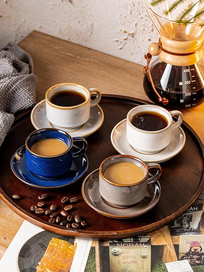 Gomakren 2.5 Ounce Espresso Cups Set of 4, Small Stackable Coffee Cups with Saucers and Metal Stand, Porcelain Demitasse Cups for Specialty Coffee Drinks, Espresso, Cappuccino, Latte, Tea, Gray