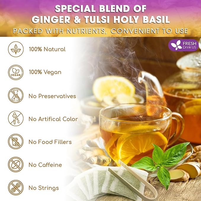 FreshDrinkUS, Premium 135 Ginger Tulsi Tea Bags, 100% Natural, Hand-made Blend of Ginger and Tulsi Holy Basil Leaves, Eco-conscious Tea Bags. Ginger Tulsi Herbal Tea. No Sugar, No Caffeine, Vegan.