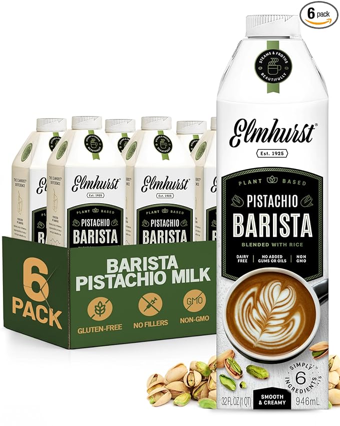 Elmhurst 1925 Pistachio Milk Barista Edition – 32 Ounce (Pack of 6) Plant-Based, Vegan, Dairy-Free, Non-GMO, Kosher, Froths for Lattes & Iced Coffee, 3g Protein per Serving, Simple Ingredients