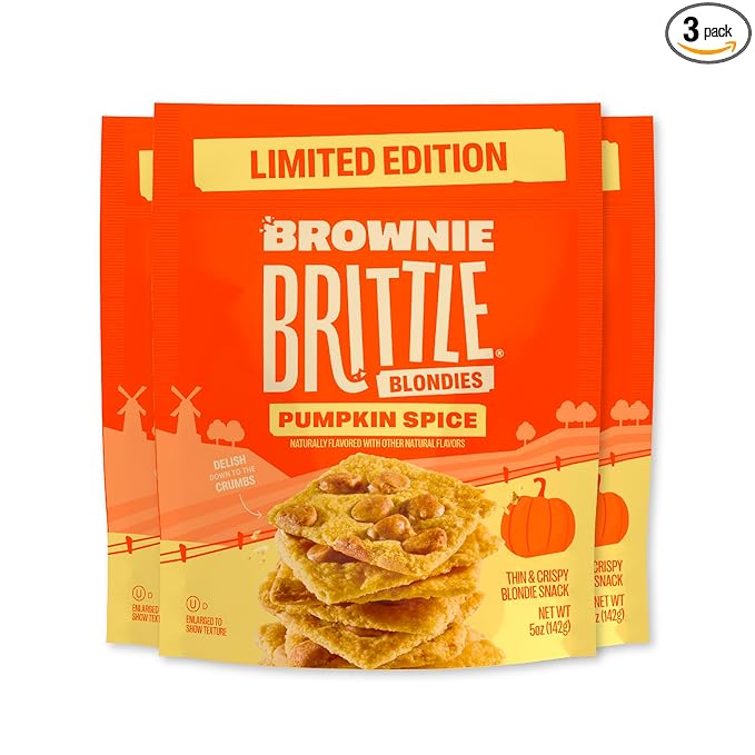 Brownie Brittle – Pumpkin Spice Blondie Thin and Crispy Sweet Snacks (Pack of 3, 5 oz), Rich Gourmet Brownie Bites Dessert