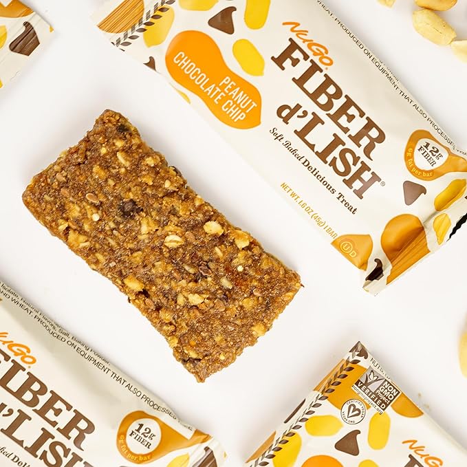 NuGo Fiber d'Lish Peanut Chocolate Chip, 12g High Fiber, Vegan, 160 Calories, 16 Count