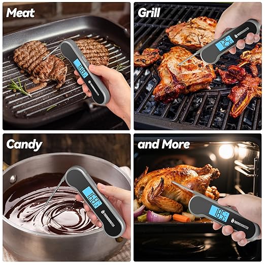 0.5 Sec Instant Read Meat Thermometer Digital with ±0.5℉ Precision, 100% Waterproof Auto Flip Bright LCD Screen, Motion Sensing Food Thermometer for Cooking Kitchen Oven Grill Candy BBQ, Grey