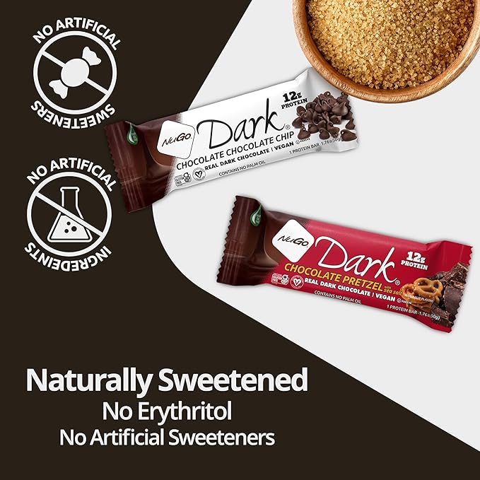 NuGo Dark Variety - Pretzel w/ Sea Salt 12 bars & New! Chocolate Almond w/ Sea Salt 12 bars, 12g Protein Bar, Vegan, Gluten Free, Non-GMO, Kosher Pareve, 24 count