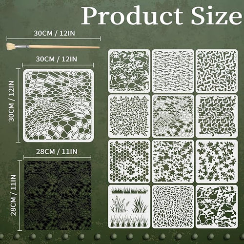 12PCS Camo Stencils for Spray Paint 12 x 12 Inch Camouflage Pattern Stencils with Brushes Grass Pattern Stencil Reusable Camo Stencil for Painting Wood Boat DIY Crafts Spray Painta