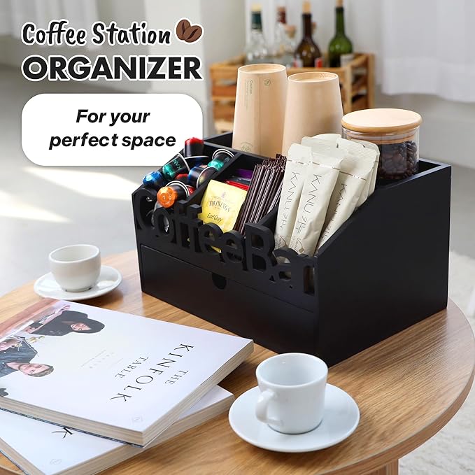 Coffee Bar Organizer for Countertop – Wooden Coffee Station with Black Drawer, Tea and K Cup Storage Rack, Coffee Pod Holder for Home and Office Counter Organization