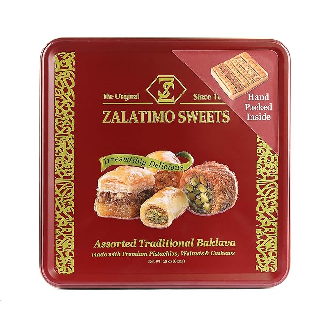 Zalatimo Sweets Since 1860 Shortbread Cookies Variety Pack, 100% All Natural Slightly Sweet, Square Metal Gift Tin, No Corn Starch, No Syrups! Assorted Baklava, Mamoul, Sesame & Butter (Pack of 3)