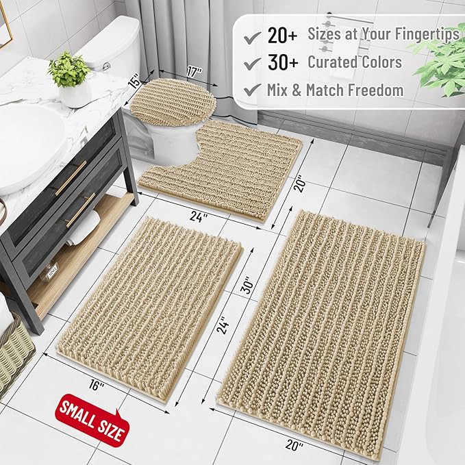 Arotive Luxury Chenille Bathroom Rug Mat, Extra Soft Thick Absorbent Shaggy Bath Rugs, Non-Slip Machine Wash Dry, Plush Bath Mats for Bathroom, Shower and Tub, 30x17, Beige