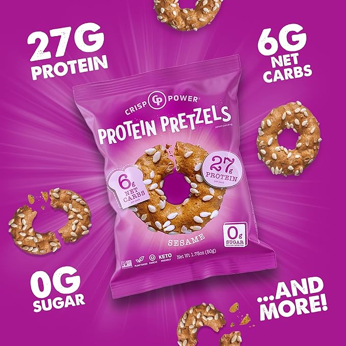 Crisp Power Protein Pretzels, Sesame, High Protein Vegan Keto Snack, 27 G Plant Based Protein, Low Carb Crunchy Pretzel Snacks, No Added Sugar, No Seed Oils, 1.75 oz Bags, 24 Pack