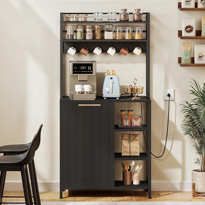 YITAHOME Bakers Rack with Storage Microwave Stand with Trash Can Bin Cabinet and Power Outlet 6-Tiers Coffee Stand Large Microwave Table for Kitchen Dining Room Living Room Black